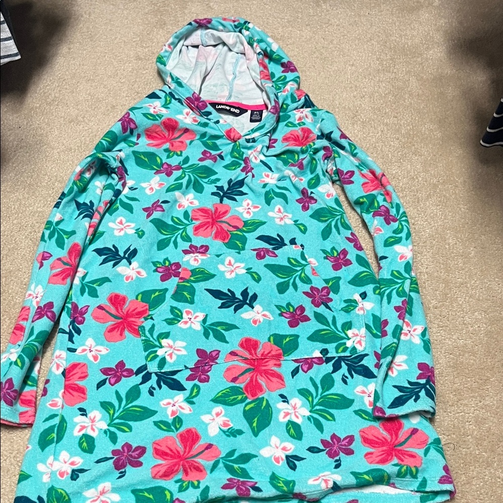Lands' End Girls' Aqua Floral Hooded Swim Coverup